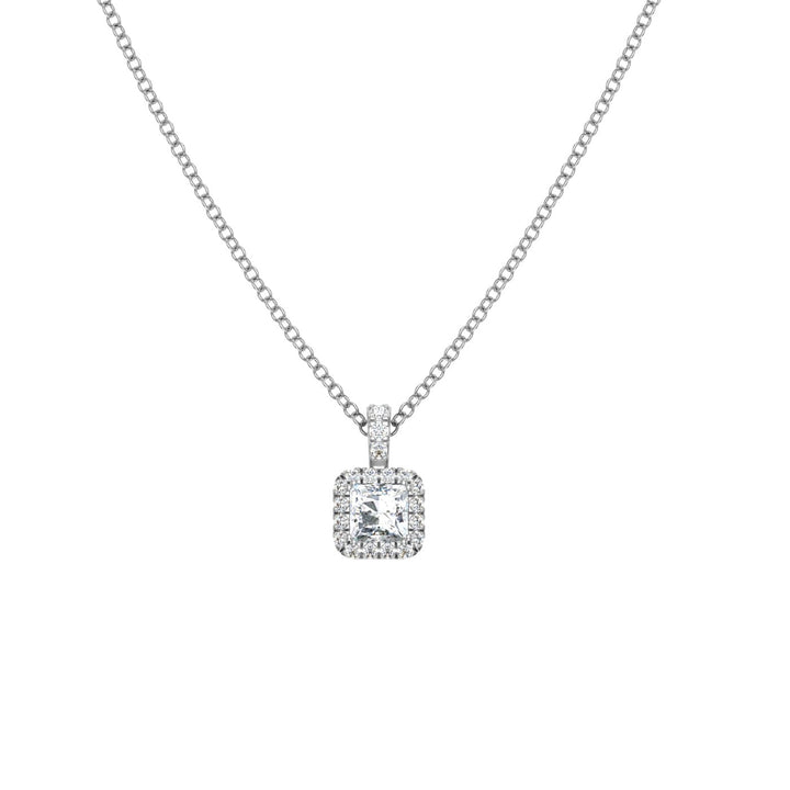 Princess with Halo Moissanite Pendant White Gold