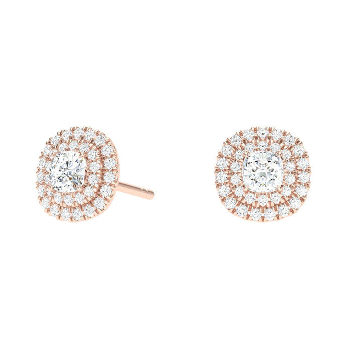 Cushion Cut Double Halo Moissanite Studs Rose Gold