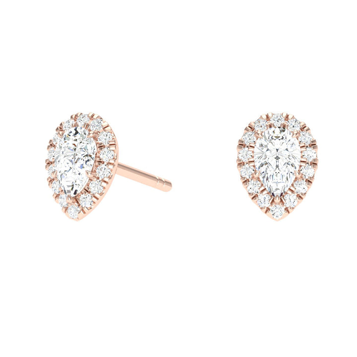 Pear Cut Halo Moissanite Studs Rose Gold