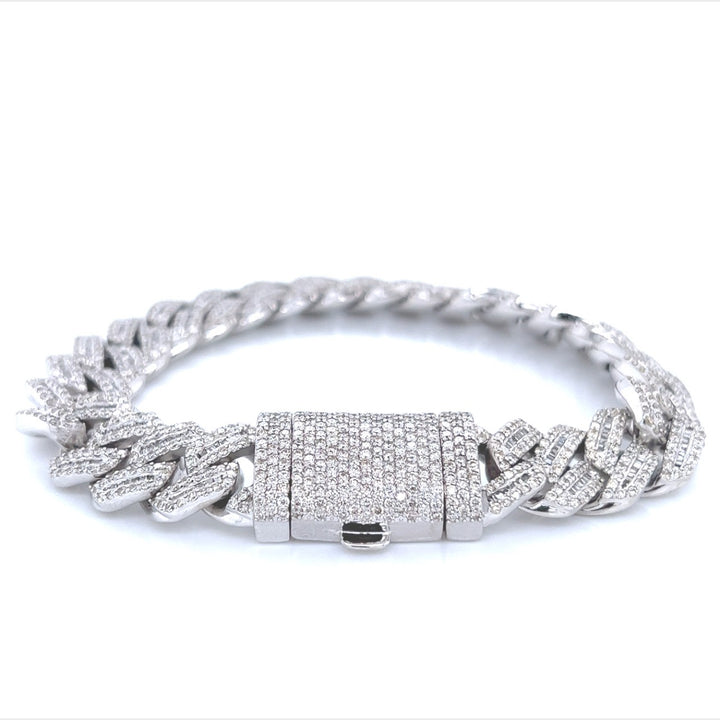 10k White Gold Baguette And Round Moissanite Cuban Bracelet