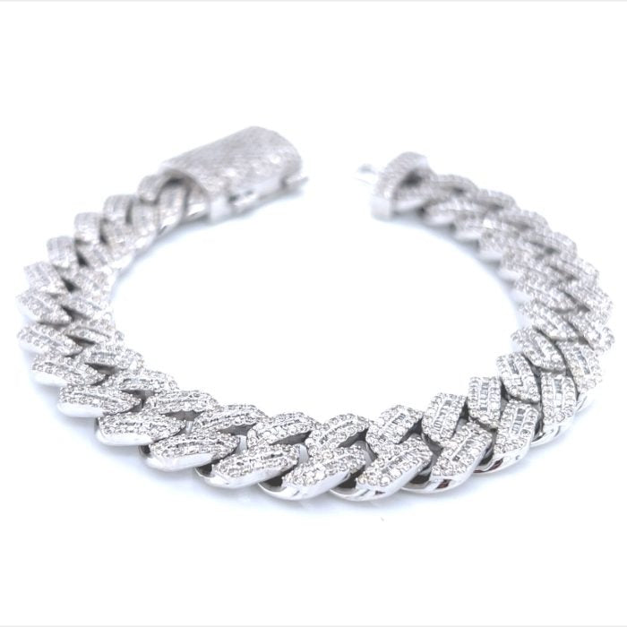 10k White Gold Baguette And Round Moissanite Cuban Bracelet